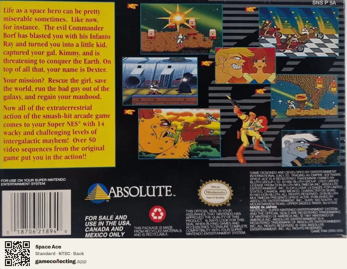 Space Ace Super Nintendo Entertainment System, NTSC box back