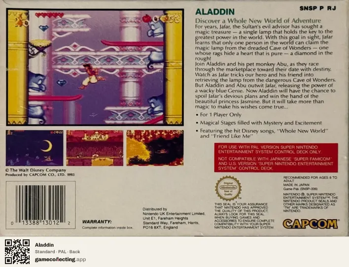 Aladdin Super Nintendo Entertainment System, PAL box back