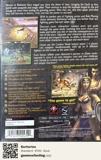 Barbarian PlayStation 2, NTSC box back