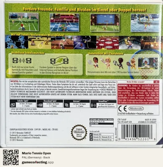 Mario Tennis Open Nintendo 3DS, Germany box back