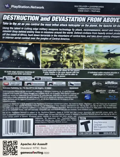 Apache: Air Assault PlayStation 3, NTSC box back