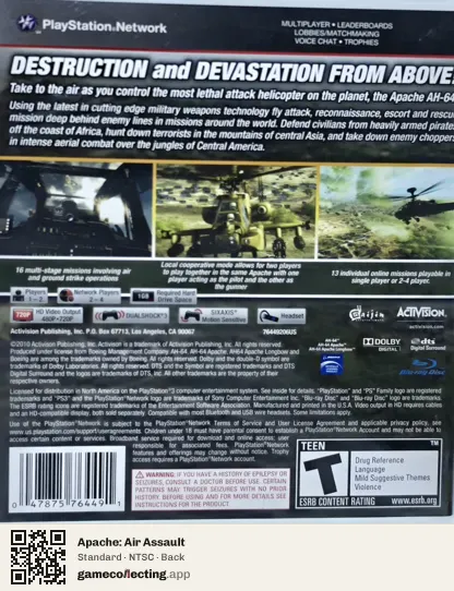 Apache: Air Assault PlayStation 3, NTSC box back
