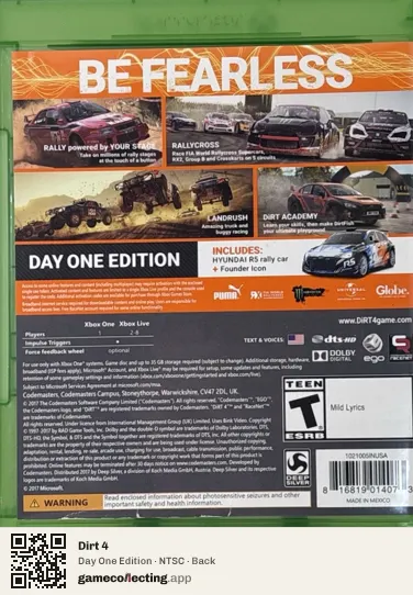 Dirt 4 Xbox One, NTSC box back