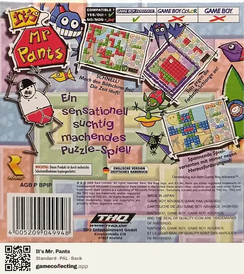 It's Mr. Pants Game Boy Advance, PAL box back
