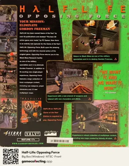 Half-Life: Opposing Force Computer, NTSC box front