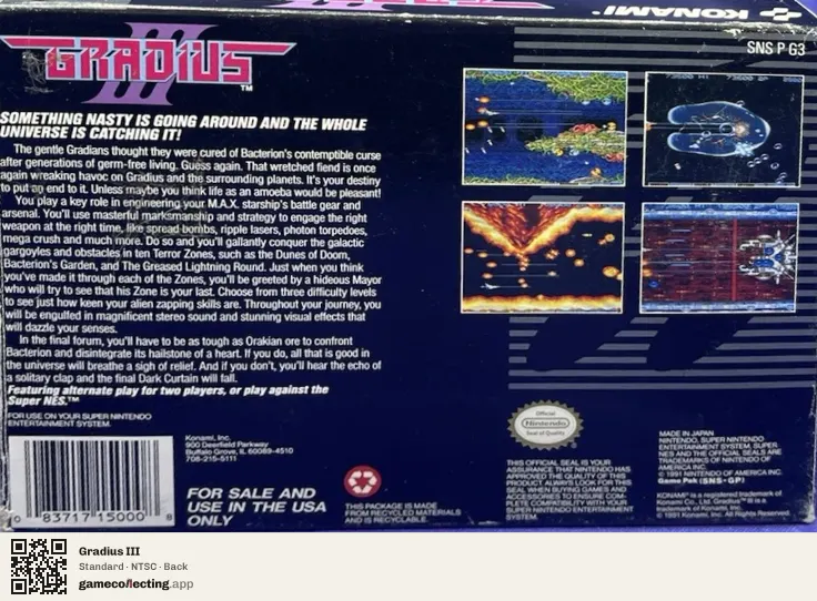 Gradius III Super Nintendo Entertainment System, NTSC box back
