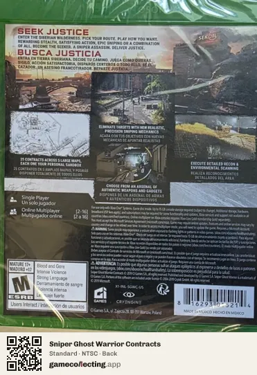 Sniper Ghost Warrior Contracts Xbox One, NTSC box back