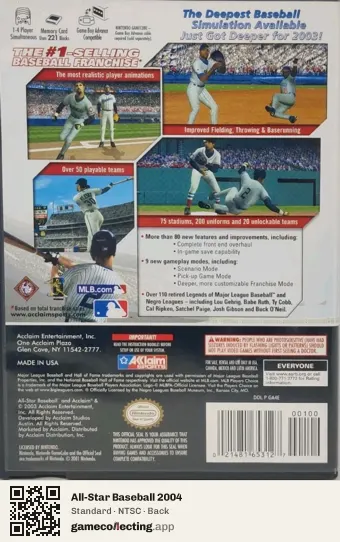 All-Star Baseball 2004 Nintendo GameCube, NTSC box back