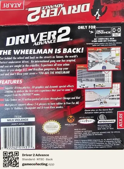 Driver 2 Advance Game Boy Advance, NTSC box back
