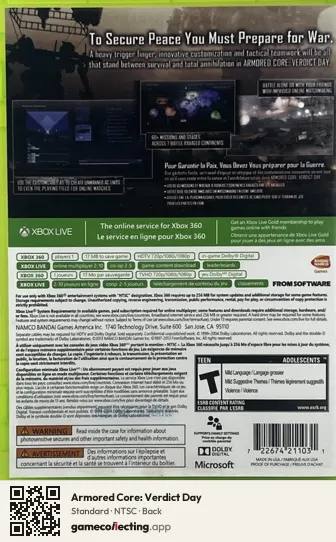 Armored Core: Verdict Day Xbox 360, NTSC box back