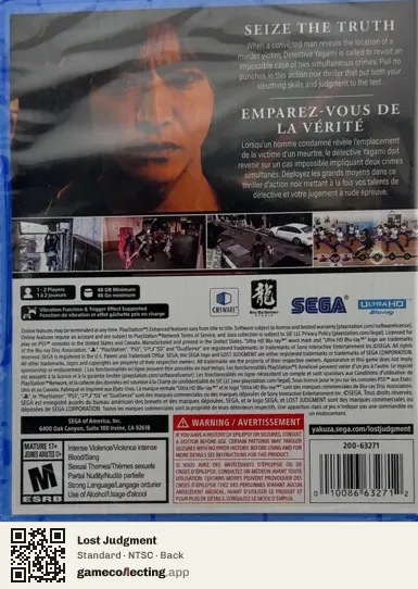 Lost Judgment PlayStation 5, NTSC box back