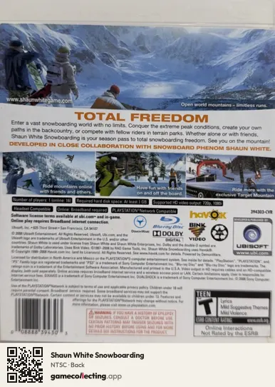 Shaun White Snowboarding PlayStation 3, NTSC box back