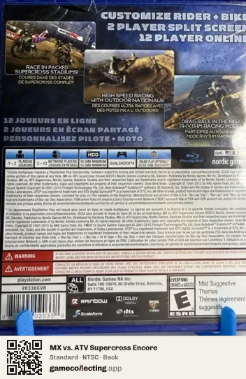 MX vs. ATV Supercross Encore PlayStation 4, NTSC box back
