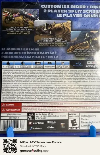 MX vs. ATV Supercross Encore PlayStation 4, NTSC box back