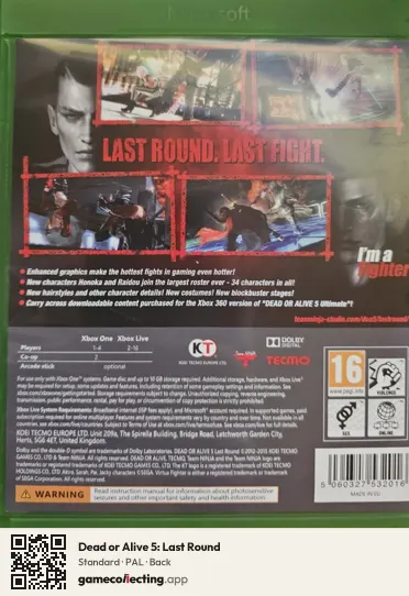 Dead or Alive 5: Last Round Xbox One, PAL box back