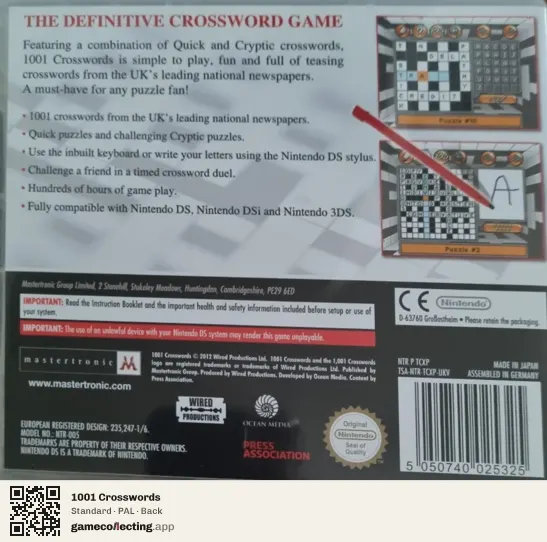 1001 Crosswords Nintendo DS, PAL box back