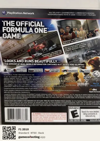 F1 2010 PlayStation 3, NTSC box back