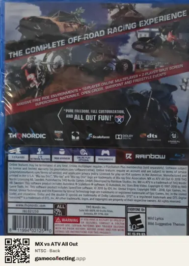MX vs ATV All Out PlayStation 4, NTSC box back