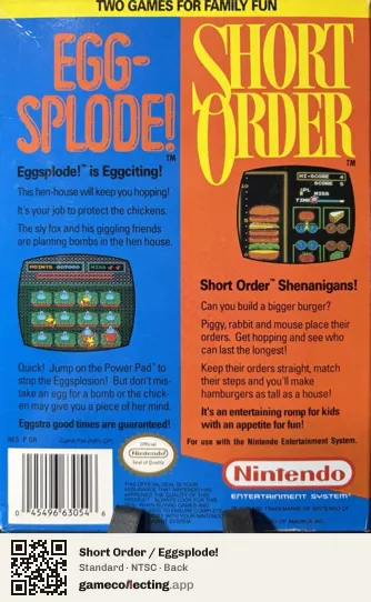 Short Order / Eggsplode! Nintendo Entertainment System, NTSC box back