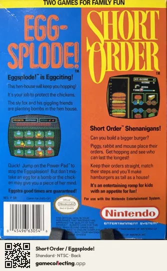 Short Order / Eggsplode! Nintendo Entertainment System, NTSC box back