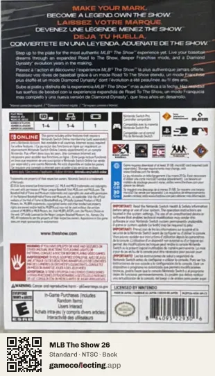 MLB The Show 26 Nintendo Switch, NTSC box back