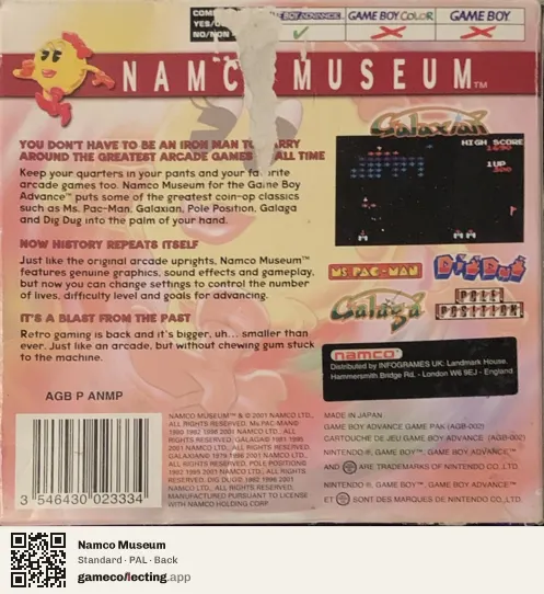Namco Museum Game Boy Advance, PAL box back