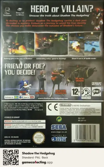 Shadow the Hedgehog Nintendo GameCube, PAL box back