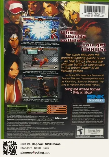 SNK vs. Capcom: SVC Chaos Xbox, NTSC box back