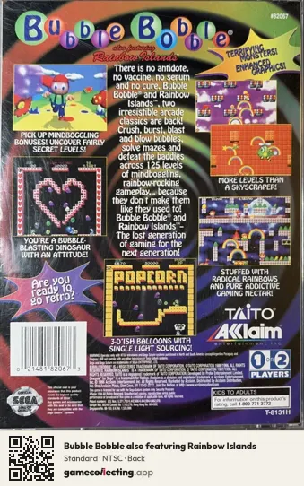 Bubble Bobble also featuring Rainbow Islands Sega Saturn, NTSC box back