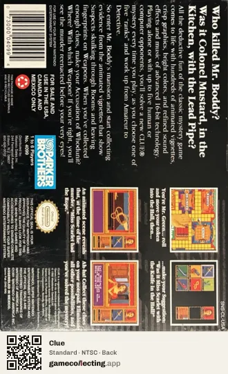 Clue Super Nintendo Entertainment System, NTSC box back