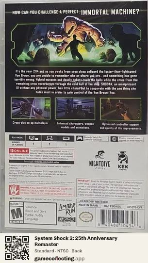 System Shock 2: 25th Anniversary Remaster Nintendo Switch, NTSC box back