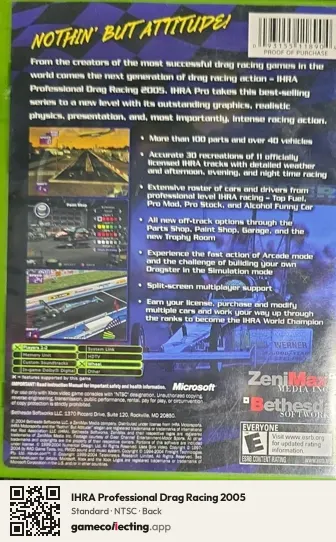 IHRA Professional Drag Racing 2005 Xbox, NTSC box back