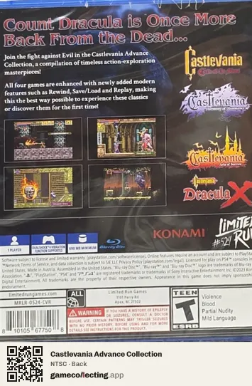 Castlevania Advance Collection PlayStation 4, NTSC box back