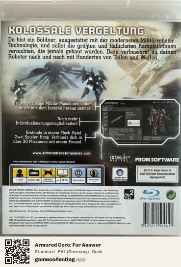 Armored Core: For Answer PlayStation 3, Germany box back