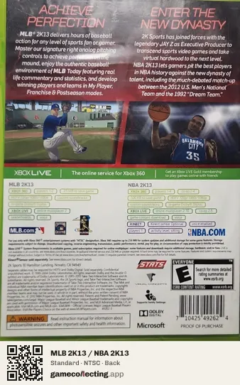 MLB 2K13 / NBA 2K13 Xbox 360, NTSC box back