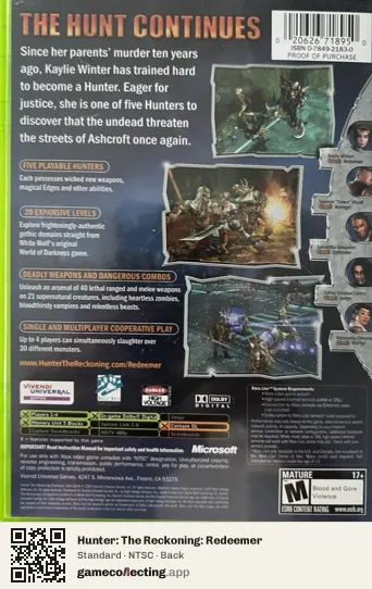 Hunter: The Reckoning: Redeemer Xbox, NTSC box back