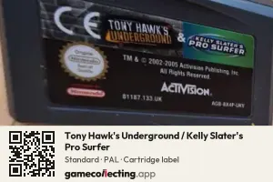Tony Hawk's Underground / Kelly Slater's Pro Surfer Game Boy Advance, PAL cartridge label