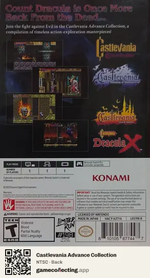 Castlevania Advance Collection Nintendo Switch, NTSC box back