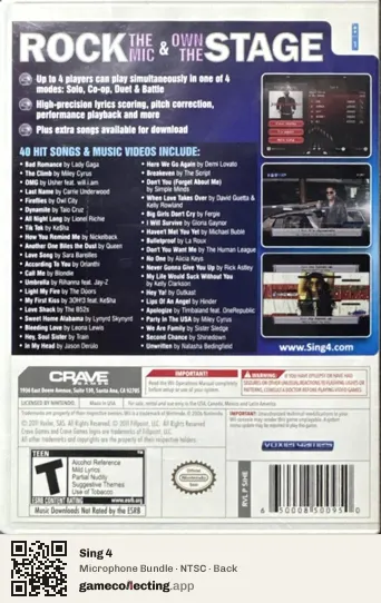 Sing 4 Nintendo Wii, NTSC box back