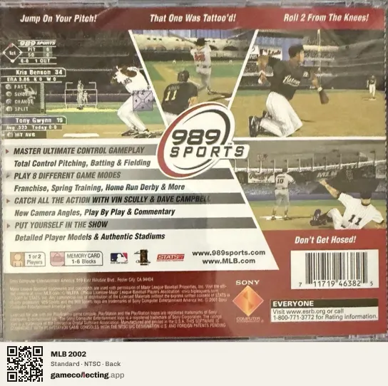MLB 2002 PlayStation, NTSC box back