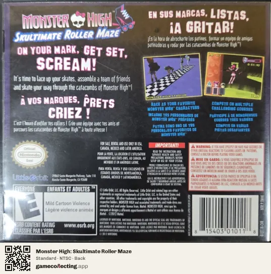 Monster High: Skultimate Roller Maze Nintendo DS, NTSC box back