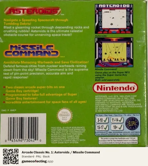 Arcade Classic No. 1: Asteroids / Missile Command Game Boy, PAL box back
