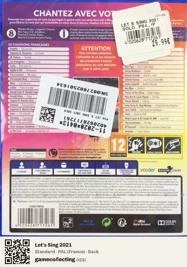 Let's Sing 2021 PlayStation 4, France box back