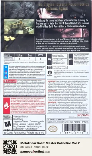Metal Gear Solid: Master Collection Vol. 2 Nintendo Switch, NTSC box back