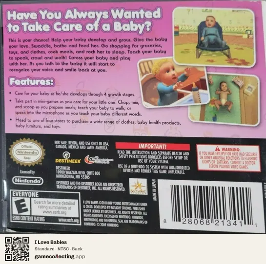I Love Babies Nintendo DS, NTSC box back