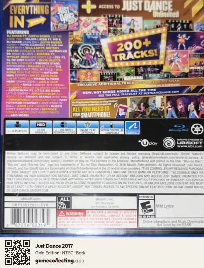 Just Dance 2017 PlayStation 4, NTSC box back