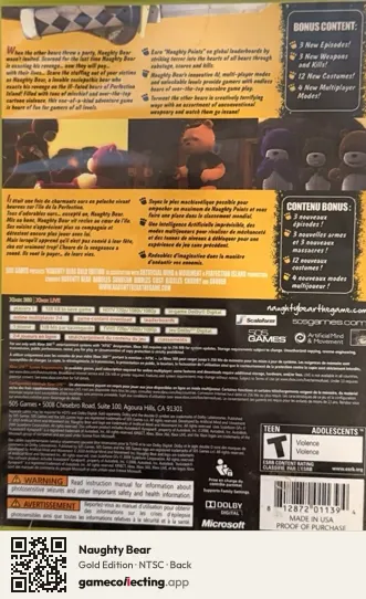 Naughty Bear Xbox 360, NTSC box back