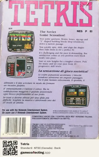 Tetris Nintendo Entertainment System, Canada box back