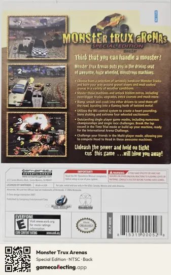 Monster Trux Arenas Nintendo Wii, NTSC box back