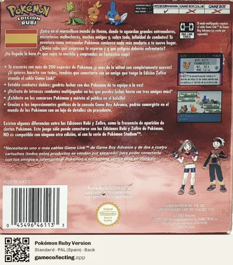 Pokémon Ruby Version Game Boy Advance, Spain box back